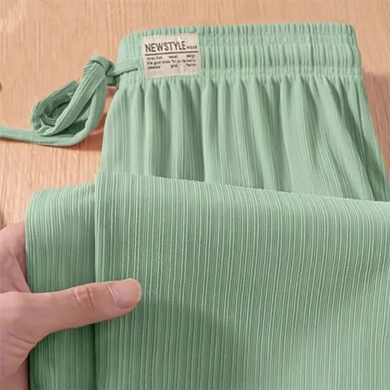 High Waist Wide Leg Ice Silk Loose Slimming Long Pants Summer New Style Breathable Thin Straight Cut Casual Trousers for Women