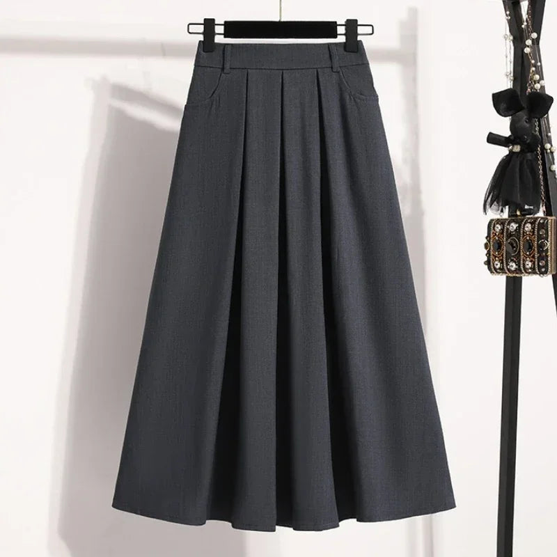 Pleated  A-Line Maxi Gown Solid Color Versatile Medium Length Skirt Cover Hip Spring Summer New 2026 Style Half-length Skirt