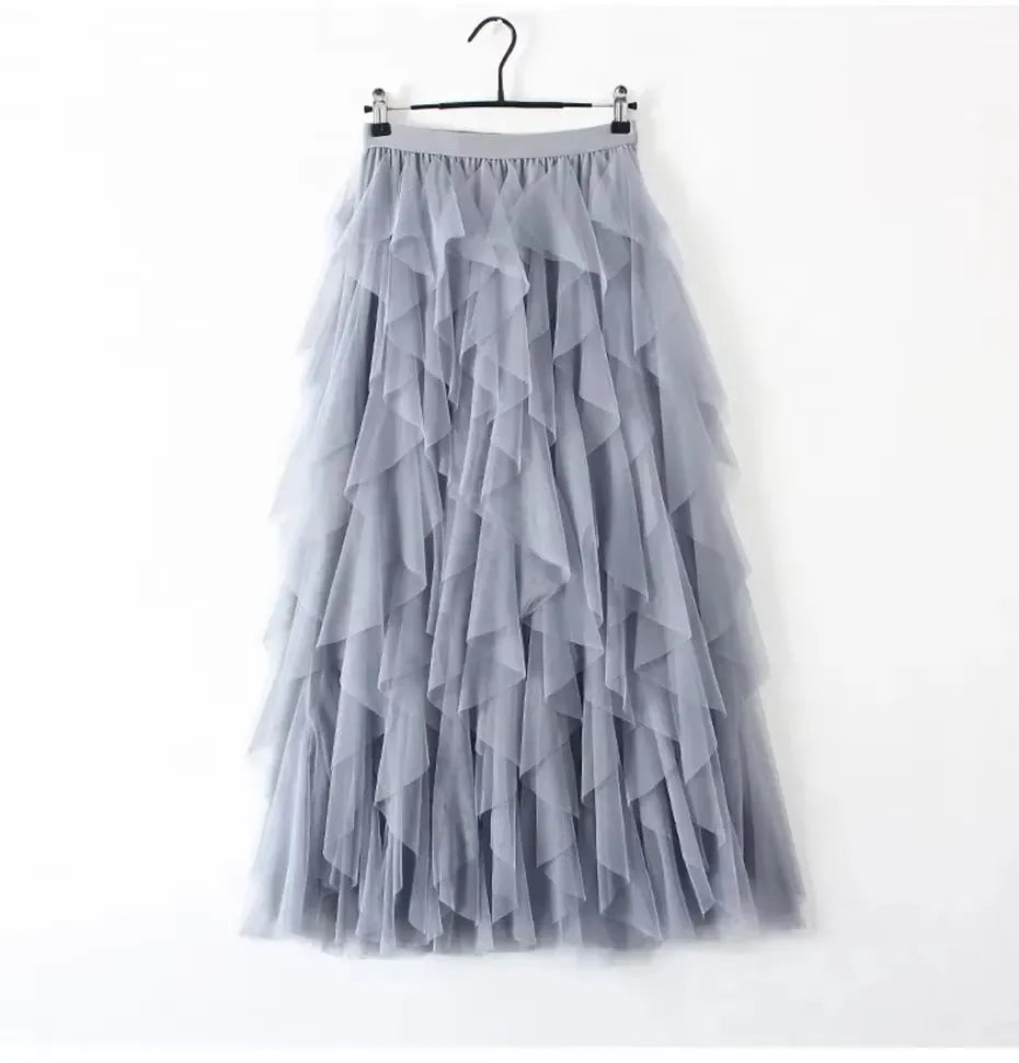 Womens Elastic High Waist Tulle Mesh Irregular Tutu Skirt gauze skirt  spring and summer new pleated A-line skirt in the long hi