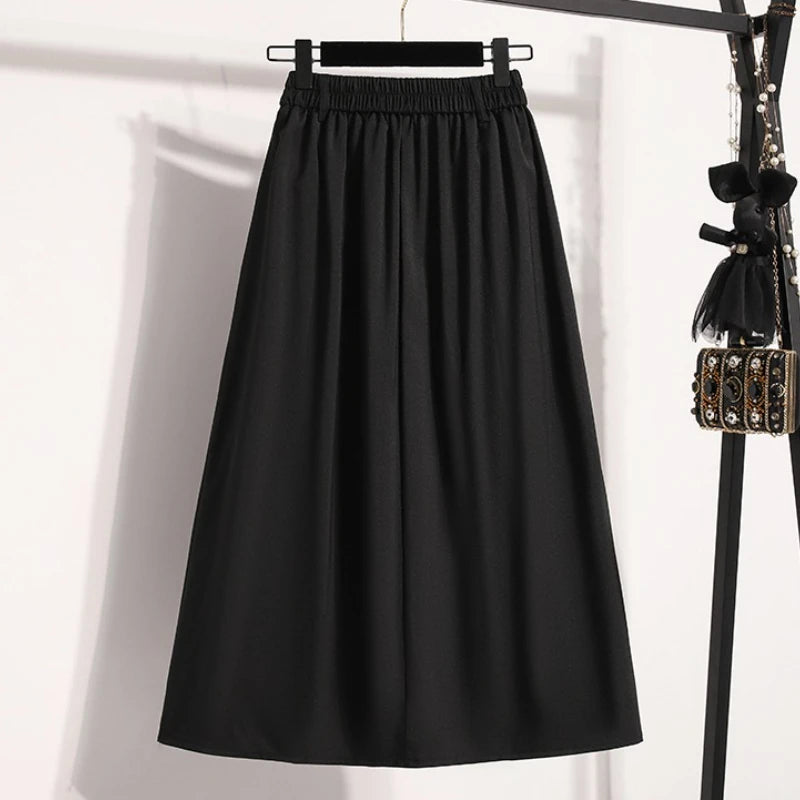 Pleated  A-Line Maxi Gown Solid Color Versatile Medium Length Skirt Cover Hip Spring Summer New 2026 Style Half-length Skirt