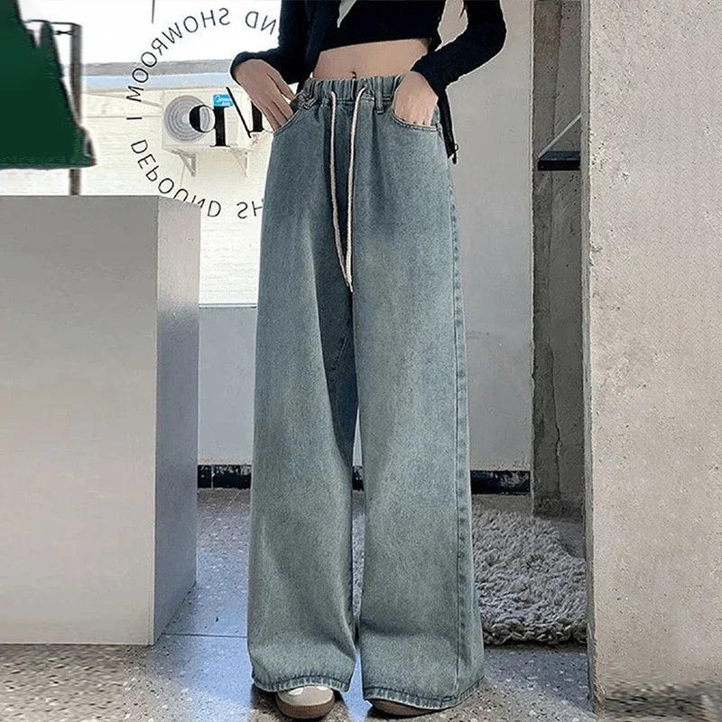 Botvotee Elastic Waist High Waist Wide Leg Jeans for Women Loose Straight Blue Long Denim Pants Female Fashion Streetwear Jeans
