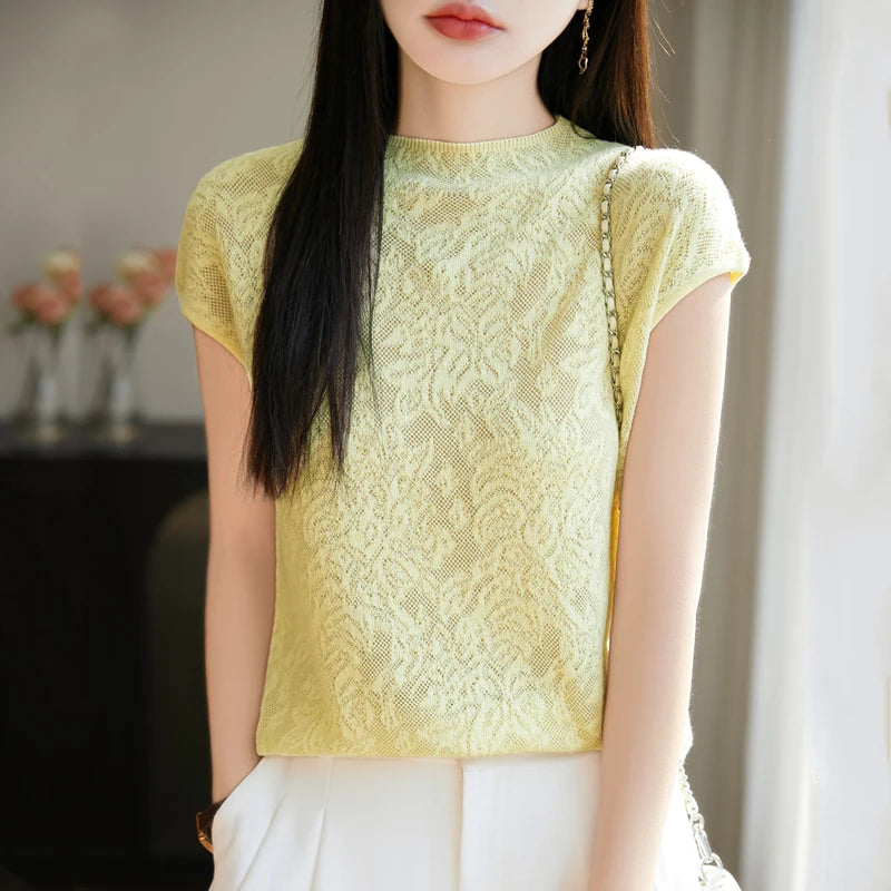 Women's T-shirt Summer New Knitted Sweater Short Sleeve Casual Solid Color O-Neck Pullover Loose Korean Fashion Top T-shirt