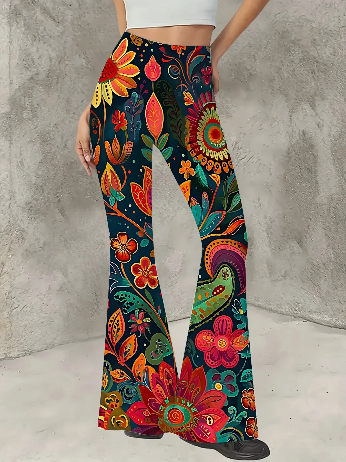 Retro Printed Flare Pants Women High Waist Polyester Knit Bell Bottom Trousers