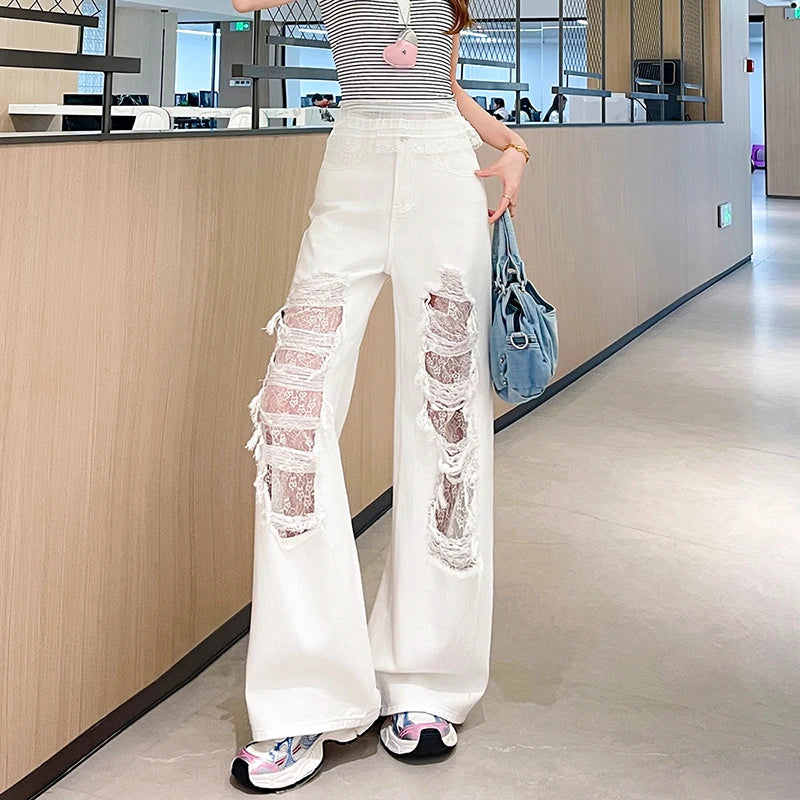 2026 Women's Summer Lace Patchwork Wide Leg Jeans Thin Breathable White Denim Pants Ripped High Waist Baggy Trousers New Trendy