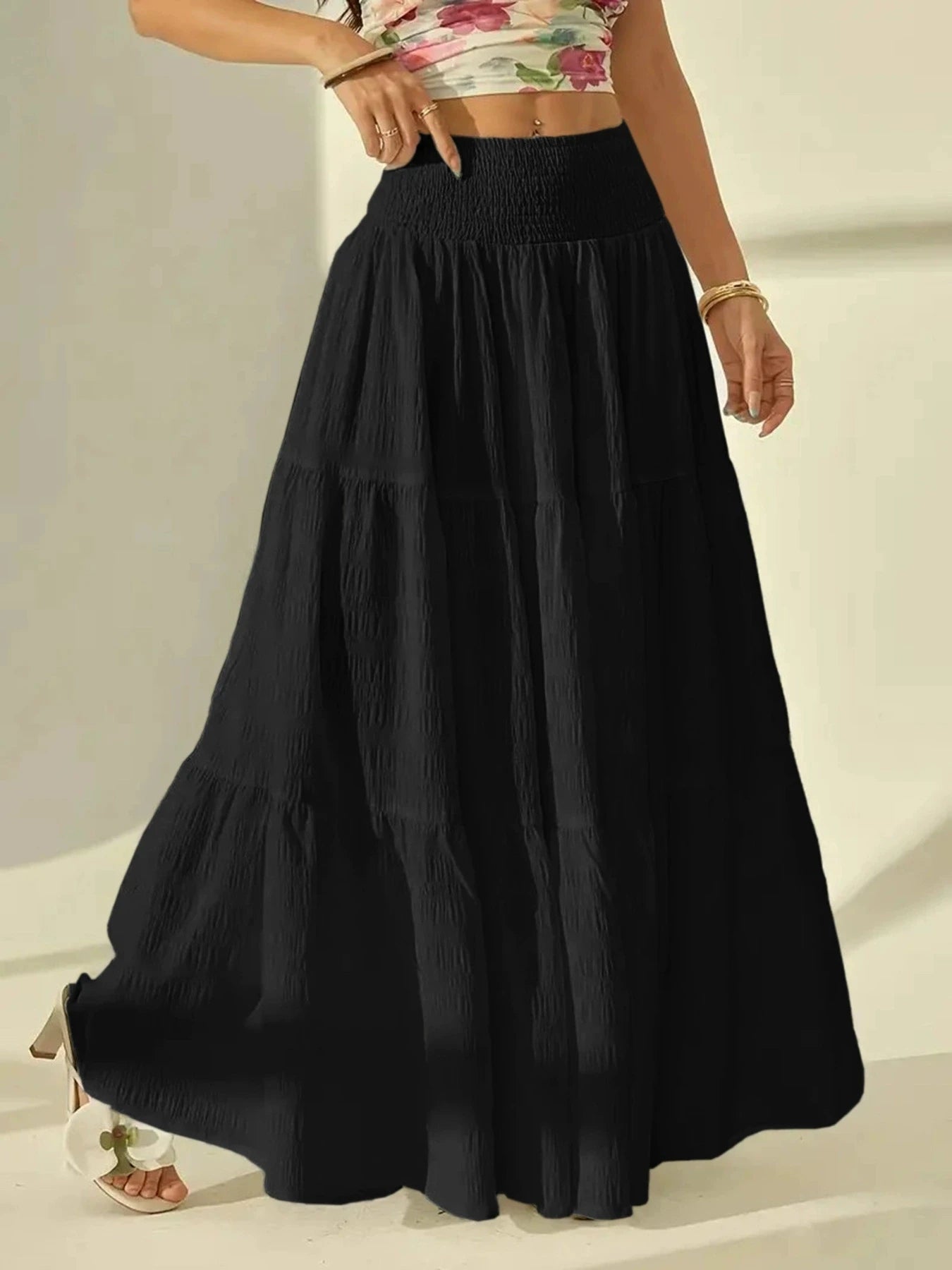Women  Fashion Tiered Maxi Skirt Elastic Waist Casual Solid Color A-line Faldas Mujer Holiday Streetwear Long Jupes