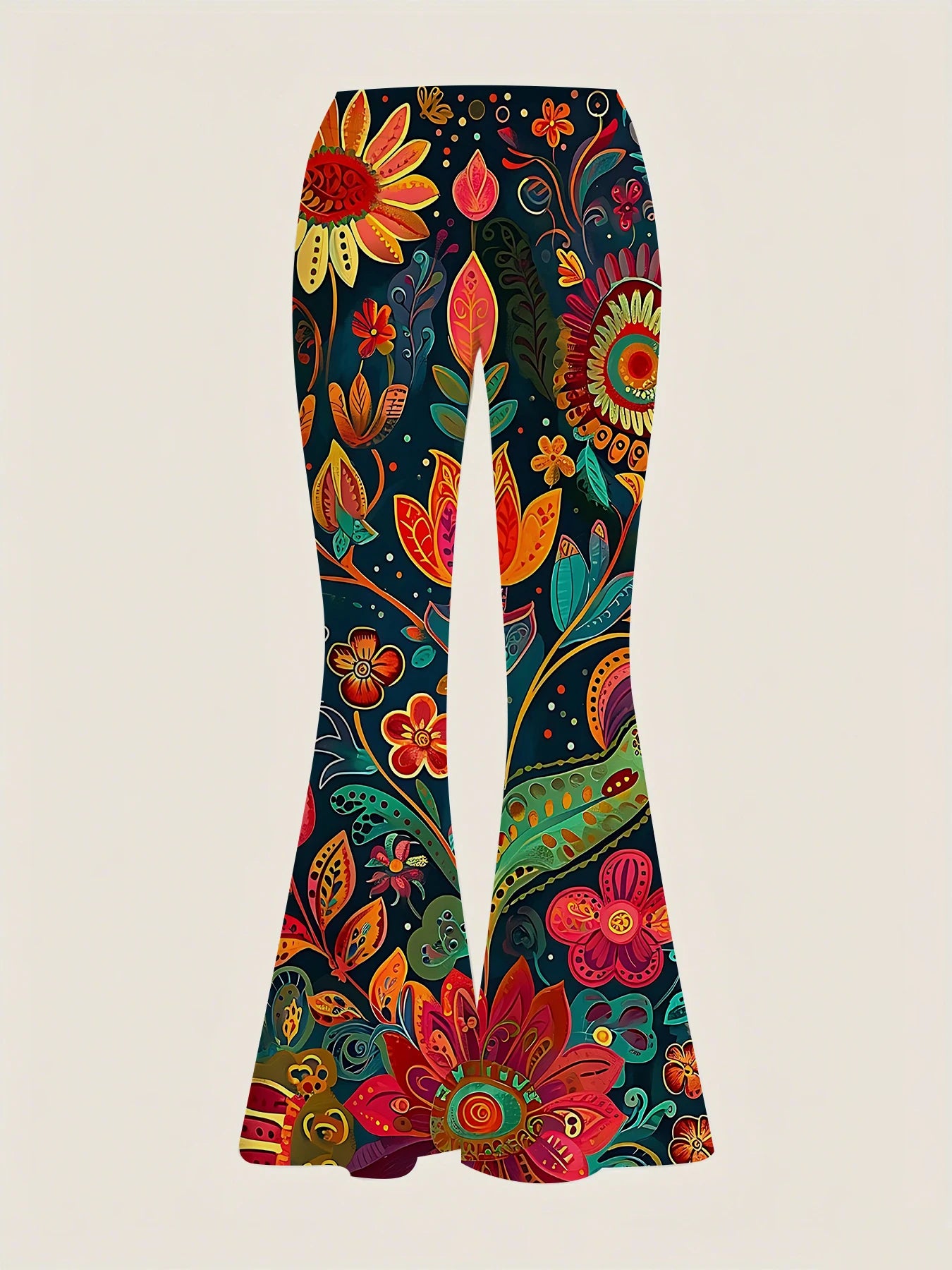 Retro Printed Flare Pants Women High Waist Polyester Knit Bell Bottom Trousers