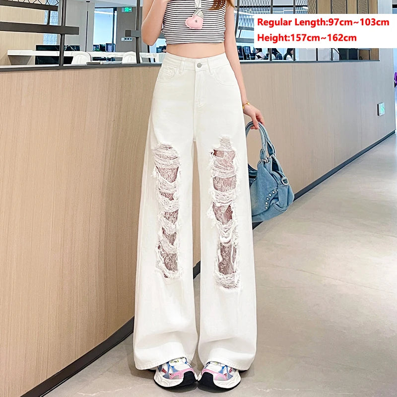 2026 Women's Summer Lace Patchwork Wide Leg Jeans Thin Breathable White Denim Pants Ripped High Waist Baggy Trousers New Trendy