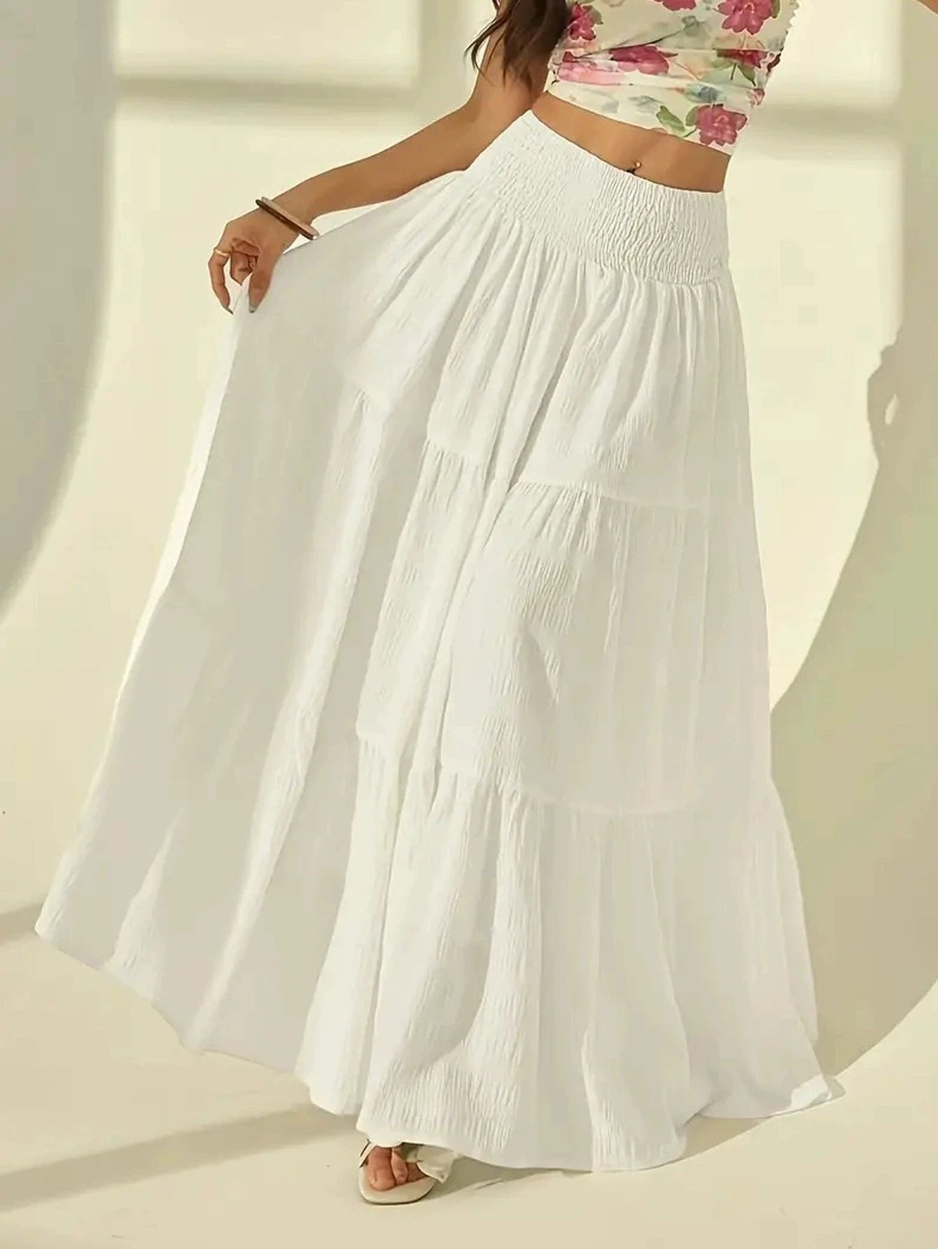 Women  Fashion Tiered Maxi Skirt Elastic Waist Casual Solid Color A-line Faldas Mujer Holiday Streetwear Long Jupes