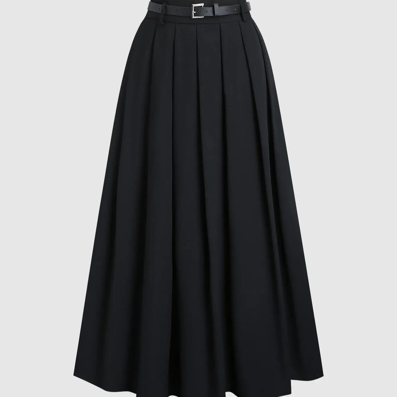 Black high waisted pleated midi skirt(with belt),Black cinched waist long pleated skirt